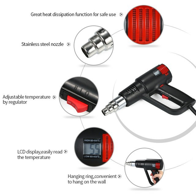 Zhejiang Tianyu industry Co. Ltd Supplier Factory Manufacturer Make and Supply Industrial 1600W Electric Hot Air Gun TQR-83A Thermoregulator Heat Gun Lcd Display Shrink Wrapping Hot Air Heat Gun Two Air Flow Settings 250/500 L/min Hot Air Gun